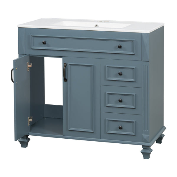 English Elm 36" Modern Bathroom Vanity with Ceramic Sink, Gold Handles, Flip-Out Drawer & Soft-Close Doors Blue Gray N725P283623C
