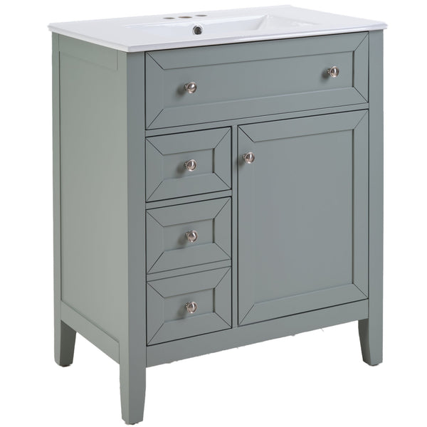 English Elm Solid Wood Bathroom Vanity Gray with Ceramic Undermount Sink, Triple Smart Storage, 70kg Load, Silent Slides W2896P318465