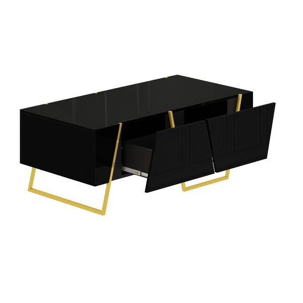 English Elm Modern 47.2" Rectangular Coffee Table with Sleek Black Top, Gold Metal Base and Four Drawers for Stylish Storage and Durable Contemporary Living Room Furniture Black+Gold N735P350386B