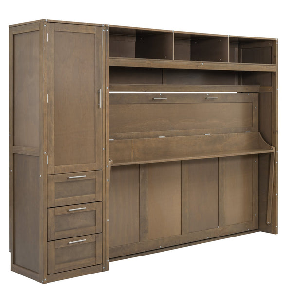 English Elm Full Full Size Murphy Bed with Wardrobe, Drawers & Open Shelves in Antique Wood—Space Saving Solution GX000388AAE