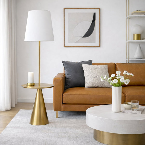 English Elm Celestial Brass Accent Table Floor Lamp with Wide White Shade for Living Rooms B183P231750