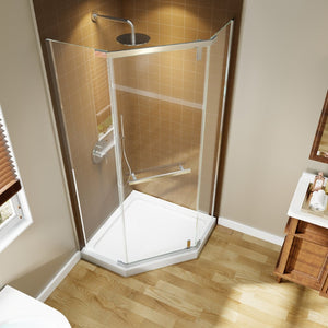 English Elm Corner Frameless Neo-angle Pivot Shower Enclosure with Tempered Glass and Sleek Hardware Chrome W637P348803