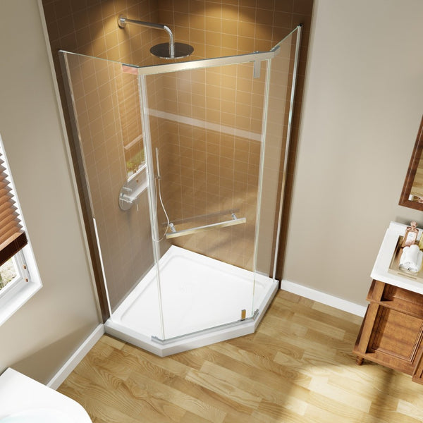 English Elm Corner Frameless Neo-angle Pivot Shower Enclosure with Tempered Glass and Sleek Hardware Chrome W637P348803