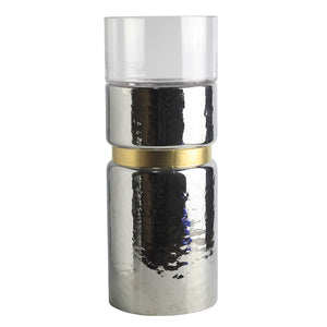 English Elm D5.9x15.2" Hammered Halloway Silver Candle Holder with Gold Stripe & Glass Top — Elegant Accent Piece W2078P390753