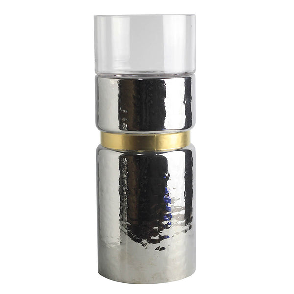 English Elm D5.9x15.2" Hammered Halloway Silver Candle Holder with Gold Stripe & Glass Top — Elegant Accent Piece W2078P390753