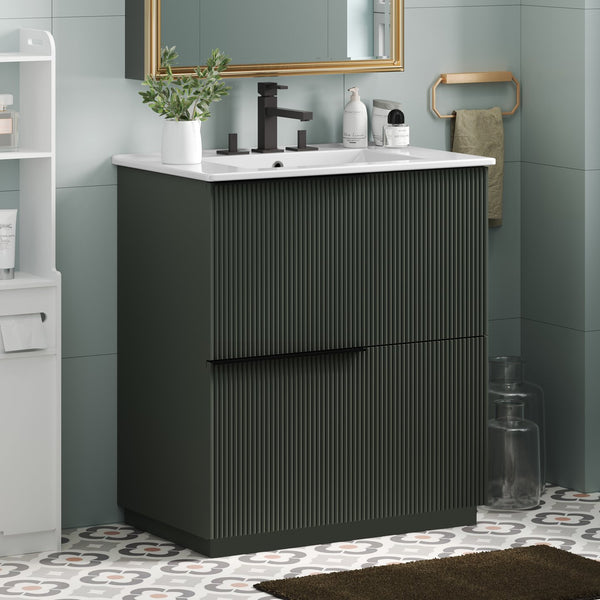 English Elm Christopher Knight Home® - 30" Bathroom Vanity With Elegant Ceramic Sink, Soft-Close Drawers & Fluted Green Design For Modern Spaces N817P295760G