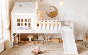 English Elm Twin Playhouse Loft Bed Solid Pine Frame with Slide Led Lights and Star Roof White W5316S00001