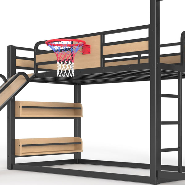 English Elm Twin Metal Loft Bed with Slide Basketball Hoop Climbing Wall and Built-in Shelves W1580S00631