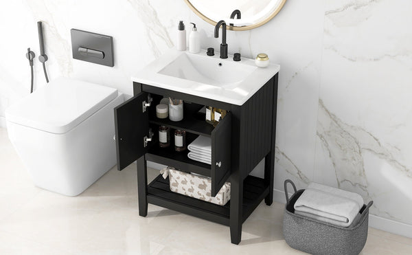 English Elm 24" Modern Sleek Bathroom Vanity with Ceramic Sink, Solid Wood Frame, Waterproof Finish and Open Shelf Storage Black N725P246473B