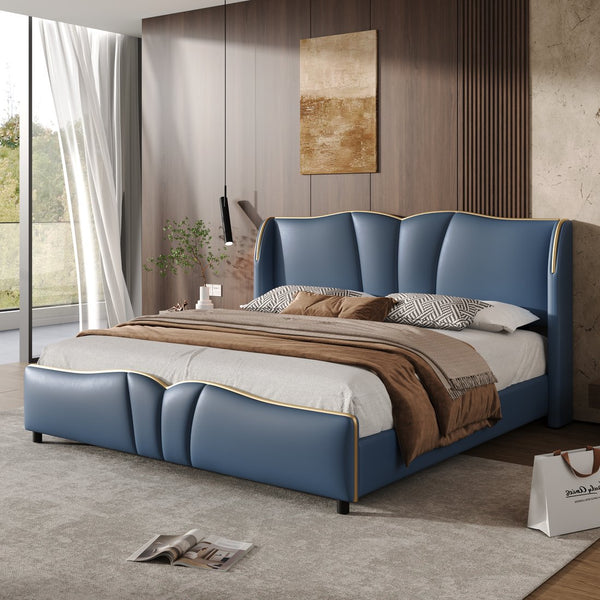 English Elm Christopher Knight Home® - Queen Plush Leather Upholstered Bed Frame with Wingback Headboard, Wavy Footboard, Quiet Support Antique Blue 85.2 L x 9.8 W x 3.25 H N761S0000016C
