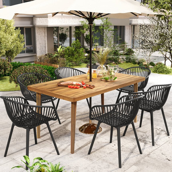 English Elm Christopher Knight Home® - Mykonos Weather-Resistant Outdoor 7PCS Dining Set with Recyclable PP Stackable Chairs & Table Acacia Wood,Black MYKONOS7PCDB
