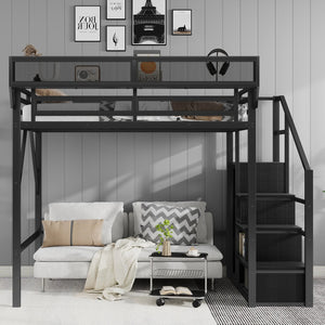 English Elm Full Size Loft Bed With Stairs And Storage Shelves – Stylish Black Metal High Loft Bed For Kids & Teens W2580S00037