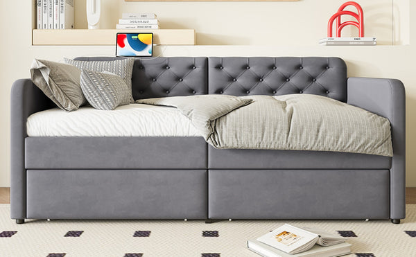 English Elm Twin Velvet Daybed with Storage Drawers Tufted Sofa Bed for Guest or Studio Rooms W1670P410536