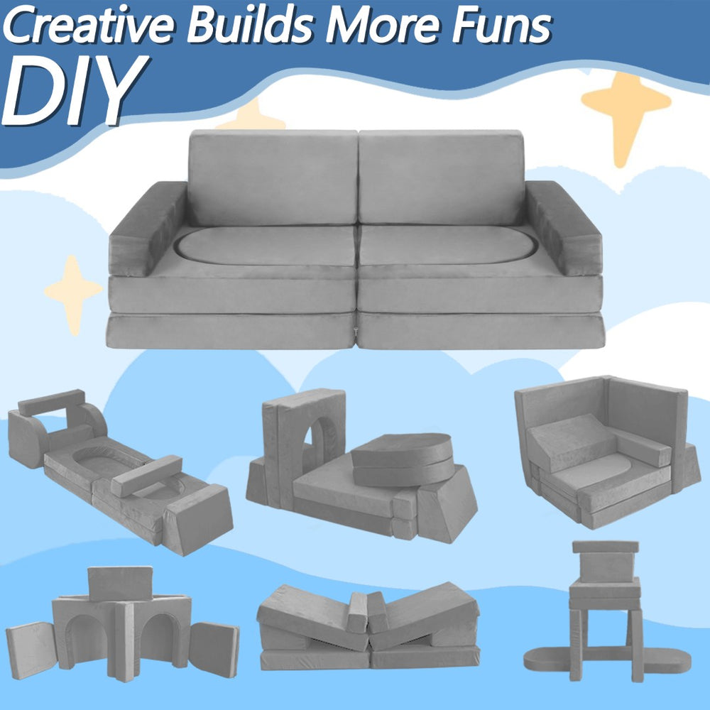 English Elm 12 Piece Modular Foam Play Couch Set Velvet Convertible Sofa Fort for Kids Playroom Light Gray T5880P493410