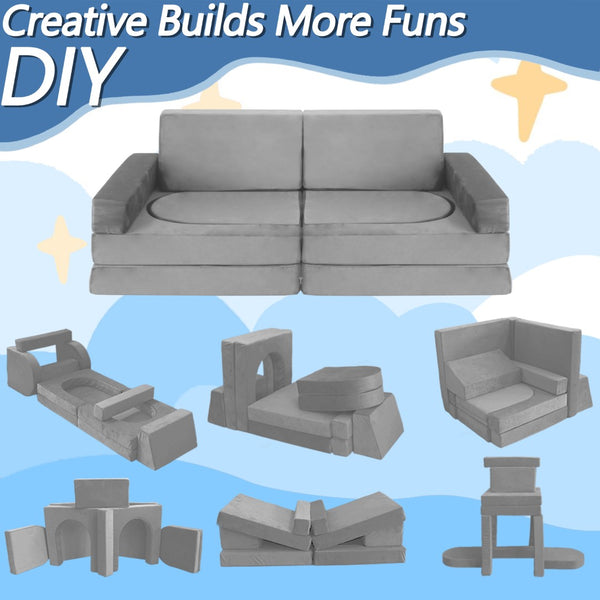 English Elm 12 Piece Modular Foam Play Couch Set Velvet Convertible Sofa Fort for Kids Playroom Light Gray T5880P493410