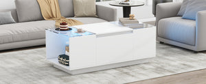 English Elm U-Can LED Coffee Table with Glass Top, 16-Color Bluetooth APP Lighting, Hidden Drawers & Open Storage White N724P290056K