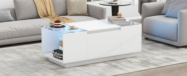 English Elm U-Can LED Coffee Table with Glass Top, 16-Color Bluetooth APP Lighting, Hidden Drawers & Open Storage White N724P290056K