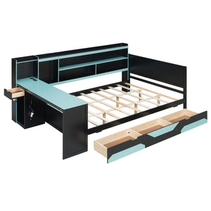 English Elm Queen Gaming Bed Frame with Desk Led Lighting Storage Drawers and Bookcase Headboard Black+Blue LP000290AAC