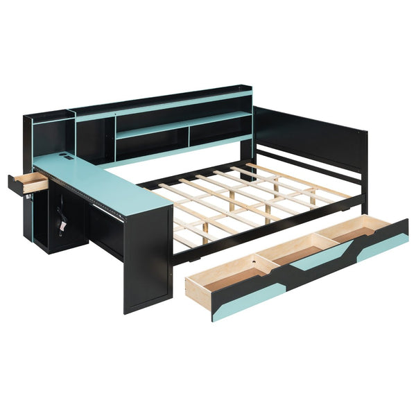 English Elm Queen Gaming Bed Frame with Desk Led Lighting Storage Drawers and Bookcase Headboard Black+Blue LP000290AAC