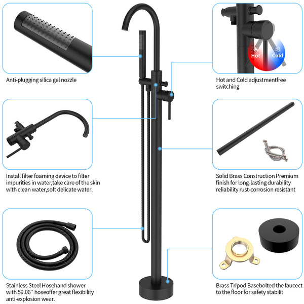 English Elm Freestanding Bathtub Faucet Floor Mount Matte Black Single Handle with Hand Shower High Flow Design Matt Black T3177P277530