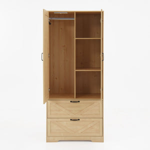 English Elm 2 Door Wardrobe Closet with Full Length Mirror Motion Light Hanging Rod and Drawers Natural W409P266780