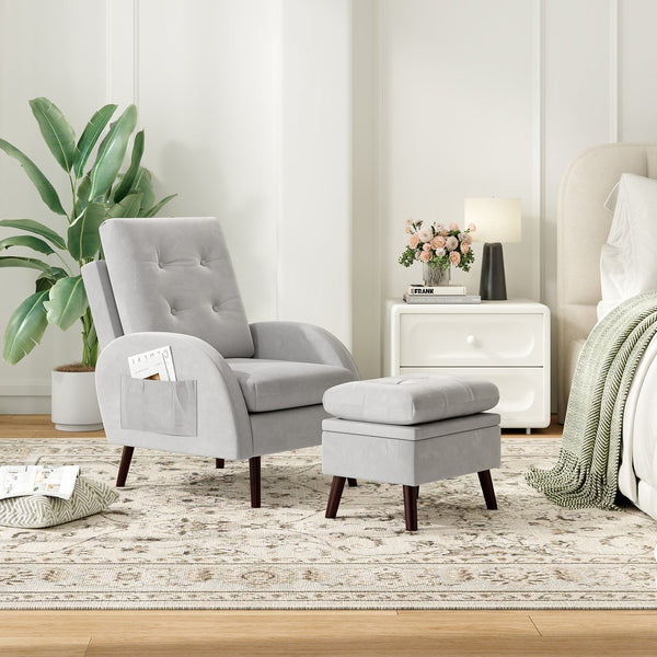 English Elm Upholstered Velvet Accent Chair and Ottoman with Storage, Tufted Design, 6-Level Adjustable Backrest Light Gray T3623P411378