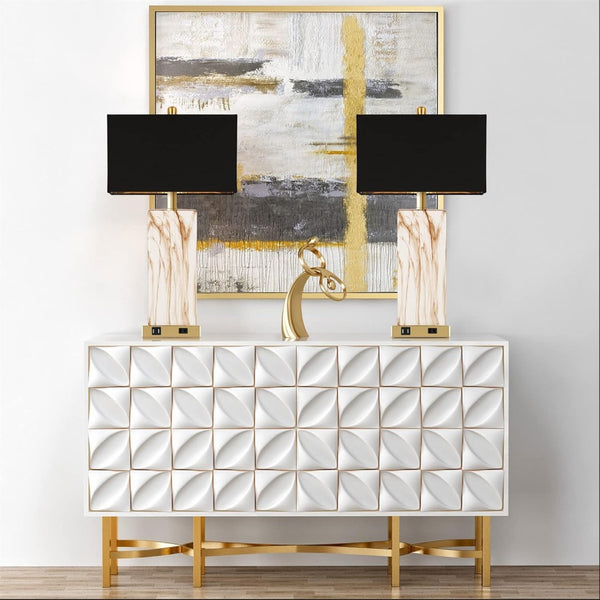 English Elm Touch Dimmable Ceramic Marble Lamp Pair with Usb Charging Gold Black Shade Bedroom W3355P465374