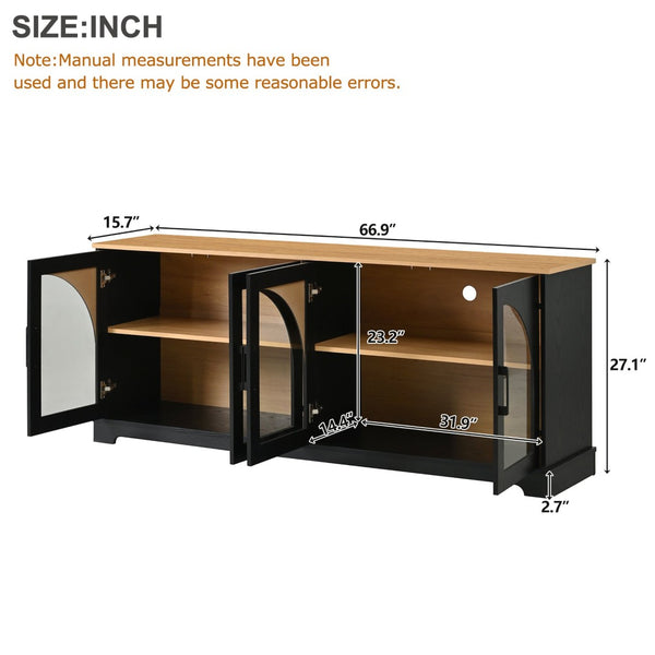 English Elm Farmhouse Media Console with Arched Glass Doors Wood Grain Two Tone Living Room Storage Black N721P411204B