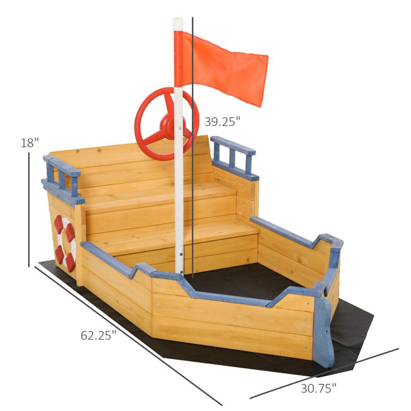 English Elm Outsunny Cedar Wood Pirate Ship Sandbox with Bench Seating and Storage for Kids W2225P217337