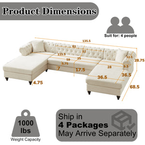 English Elm 135.5-inch Modern Chenille U-Shaped Sectional Sofa with Dual Chaise, Pull-Point Detail, Pillows, Wooden Legs Beige W1926S00045