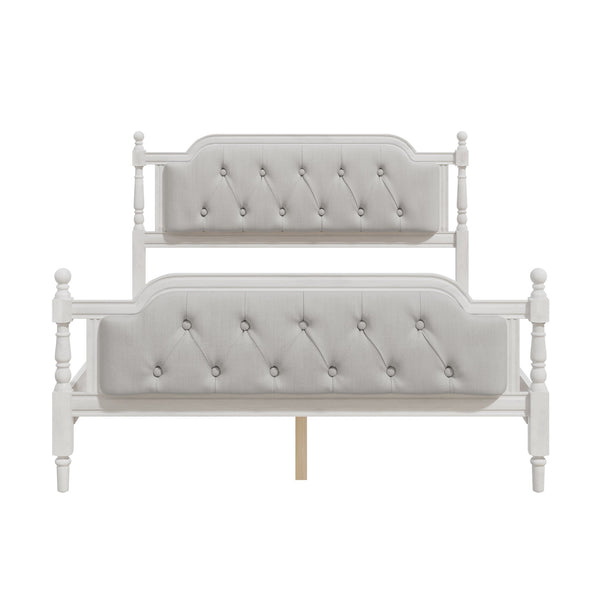 English Elm Traditional Solid Wood Bed Frame with Tufted Upholstered Headboard, No Box Spring Needed, Sturdy 400 lb Capacity Antique White 57.5 L x 22.5 W x 10.5 H N701P242546K