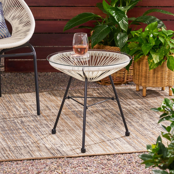 English Elm Christopher Knight Home® - NUSA Side Table with Tempered Glass Top and Handcrafted Rattan Base — Modern Outdoor Accent Table White 66627.00WHI