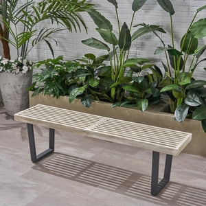 English Elm Christopher Knight Home® - Metal/Solid Outdoor Bench with Slatted Acacia Seat and Sturdy Iron Legs — Rustic Modern Patio Charm Black+ Gray 63351.00LGRYMP1