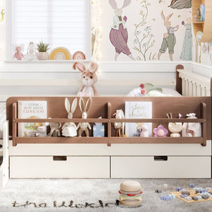 English Elm Queen Bunk Bed with Trundle Solid Pine Kids Car Themed Frame Built-in Bookshelf Beige W1580S00542