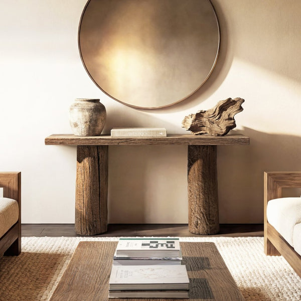 English Elm Arbor Reclaimed Elm Console Table Sculptural Pillar Legs Rustic Entryway Sofa B2719P474448