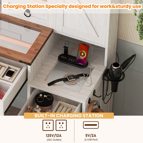 English Elm Farmhouse LED Vanity Desk with Sliding Mirror, Glass Top Storage, Built-In Charging Station & Stool White 37 L x 18.5 W x 13 H N733P340562K