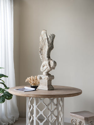 English Elm 47x47x31" Round Wooden Dining Table with Fir Top and Intricate Cut-Out Pedestal, Farmhouse Chic Finish W2078P251400