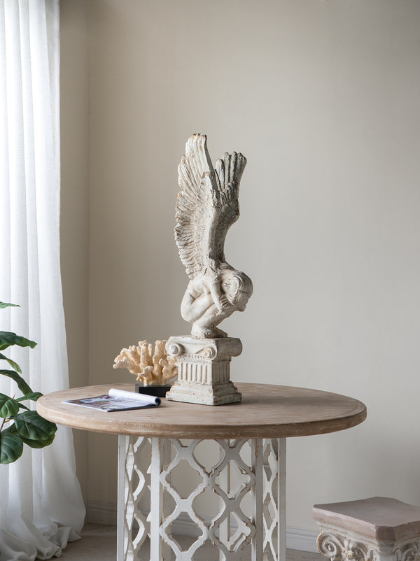 English Elm 47x47x31" Round Wooden Dining Table with Fir Top and Intricate Cut-Out Pedestal, Farmhouse Chic Finish W2078P251400