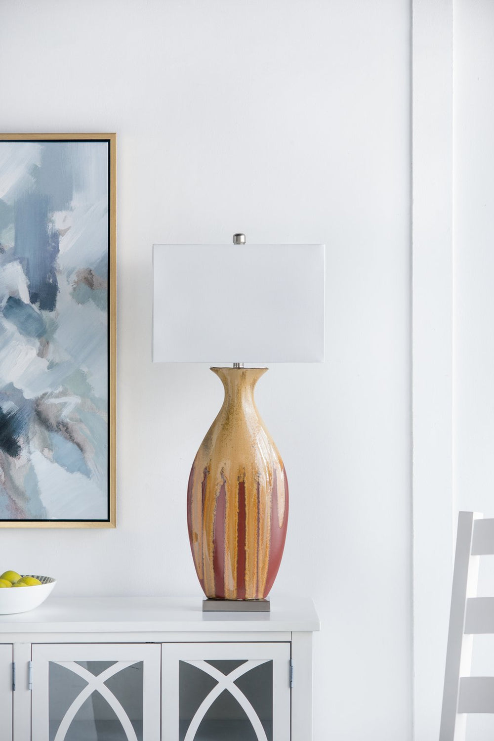 English Elm 16x10.5x36" Multicolored Drip Glaze Ceramic Table Lamp with Ivory Shade, Curved Base in Red & Orange Accents W2078P324064