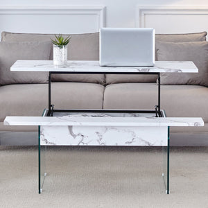 English Elm Multifunctional Lift Top Coffee Table with Tempered Glass Legs, Ergonomic Storage and Durable MDF Finish Transparent,White W2920P226076