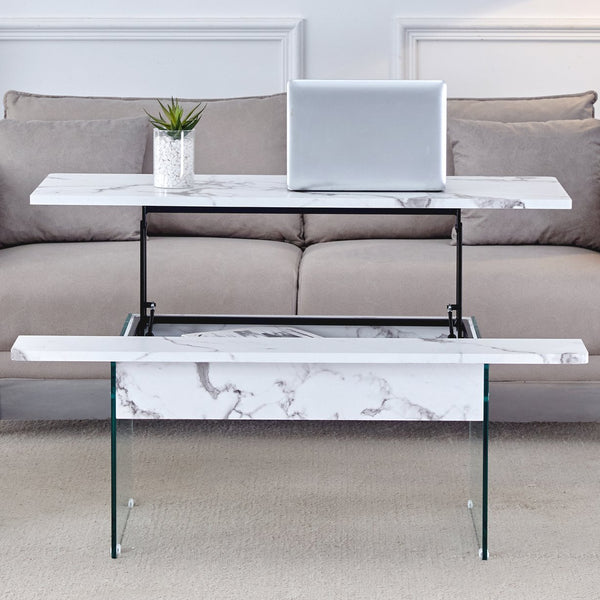 English Elm Multifunctional Lift Top Coffee Table with Tempered Glass Legs, Ergonomic Storage and Durable MDF Finish Transparent,White W2920P226076