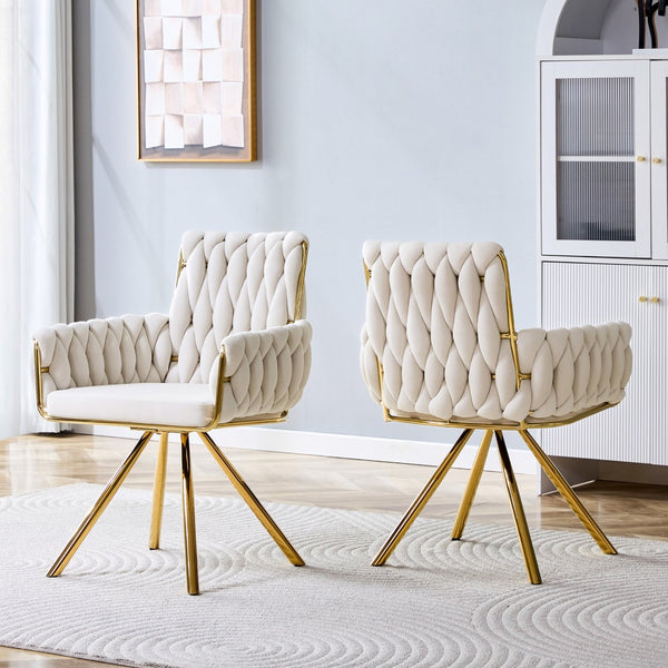 English Elm Set of 2 Velvet Upholstered Dining Chairs Braided Rope Back Glam Metal Legs Beige,Gold W3875P383929