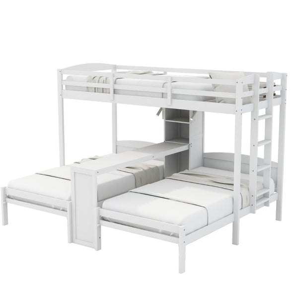 English Elm Twin Triple Bunk Bed with Built in Desk Open Shelving and Led Task Lighting White N7090002243K
