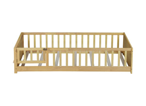 English Elm Twin Size Floor Bed With Book Rack & Fenced Door For Cozy Playtime, Natural Finish Design & Assembly W504P345771-GIGA