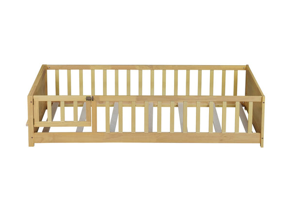 English Elm Twin Size Floor Bed With Book Rack & Fenced Door For Cozy Playtime, Natural Finish Design & Assembly W504P345771-GIGA