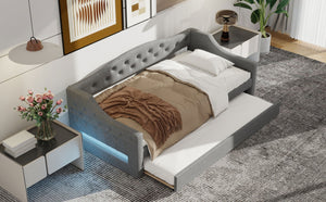 English Elm Upholstered Twin XL Daybed with Built-In LED Belt and Trundle, Linen Backrest, Modern Guest Bed Gray DL002050AAE