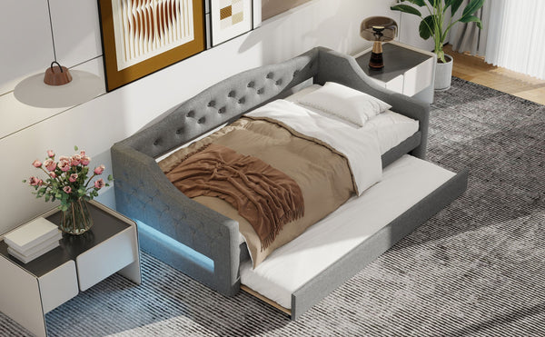 English Elm Upholstered Twin XL Daybed with Built-In LED Belt and Trundle, Linen Backrest, Modern Guest Bed Gray DL002050AAE