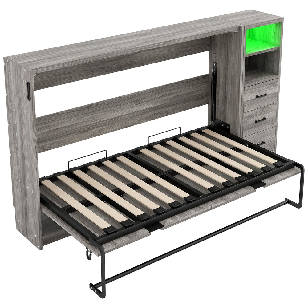 English Elm Twin Murphy Bed with Drawers & LED Light — Space-Saving Gray Cabinet Bed, Solid MDF/Pine, 800lb Capacity N709P002049D
