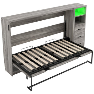 English Elm Twin Murphy Bed with Drawers & LED Light — Space-Saving Gray Cabinet Bed, Solid MDF/Pine, 800lb Capacity N709P002049D