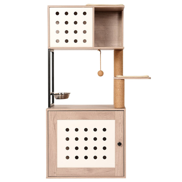 English Elm Cat Tower with Hidden Litter Enclosure Hammock Bed Feeding Station Scratching Posts W1687P304379